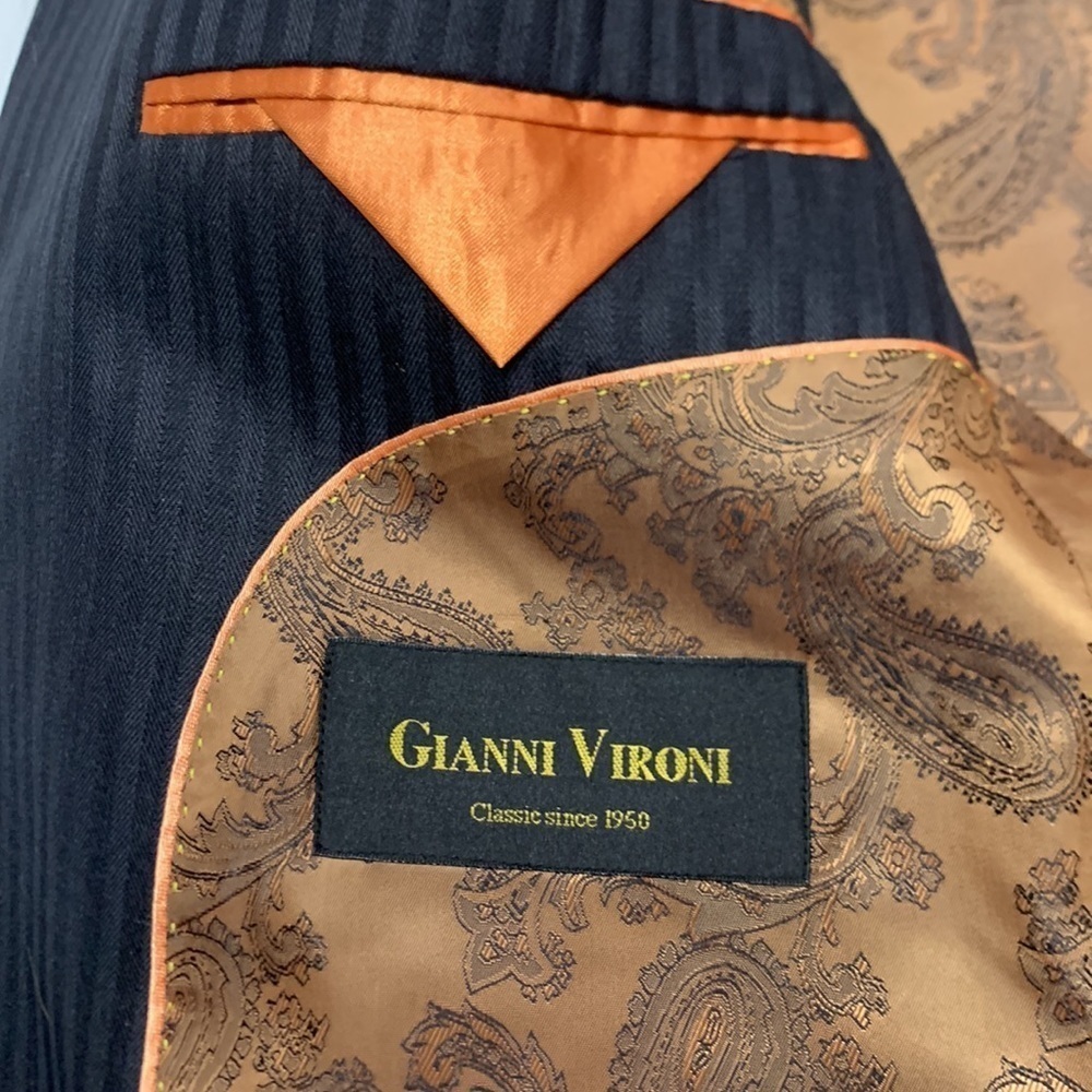Men Gianni Vironi Black Striped 4 Button 2 Slit Super 150 Suit Coat 42L